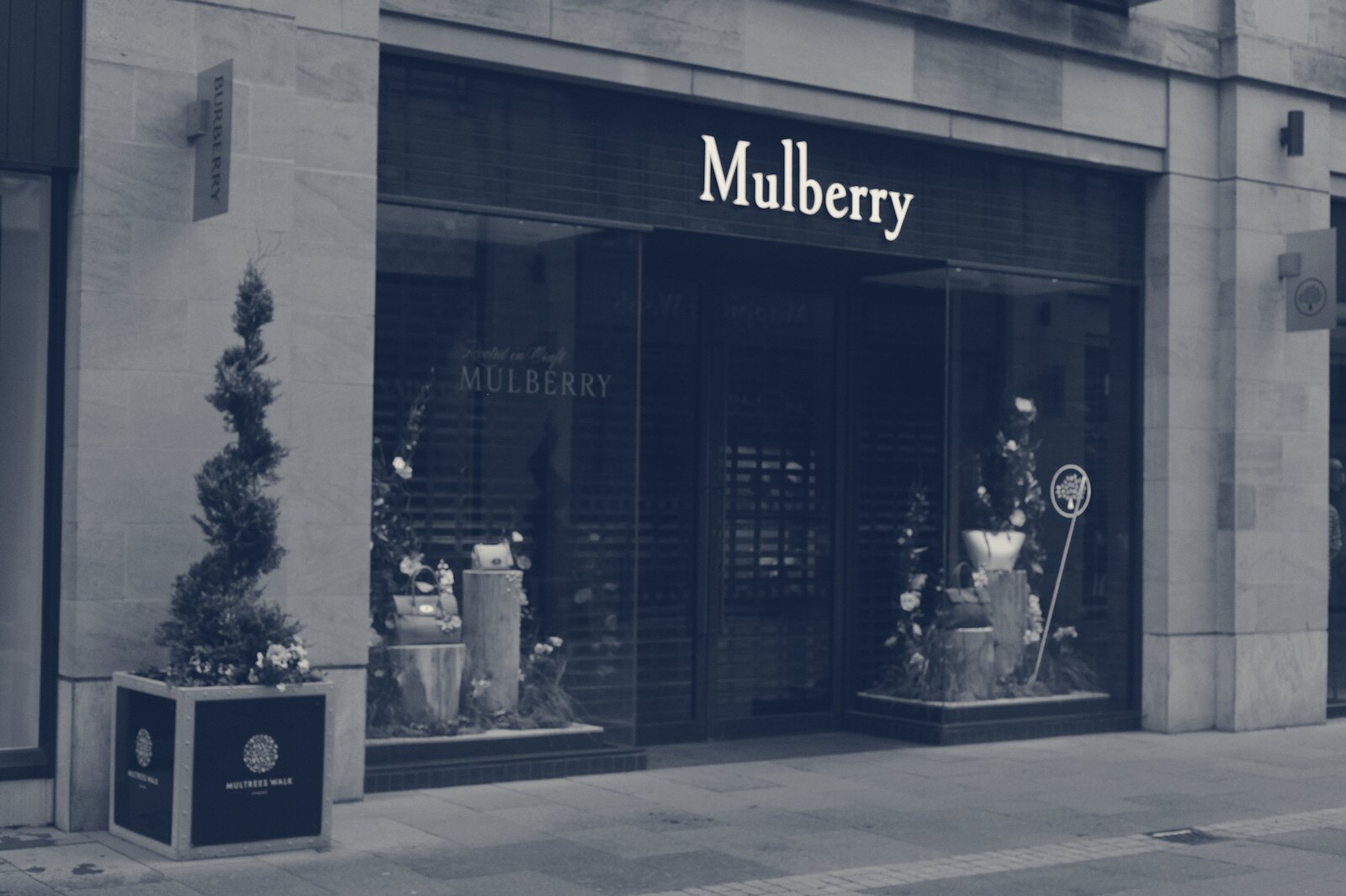 Mulberry luxury store facade with elegant window displays and topiary