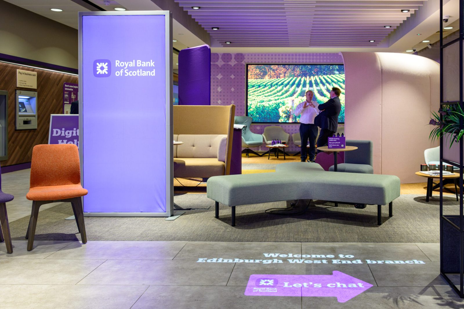 Refurbished Royal Bank of Scotland branch interior with seating and signage