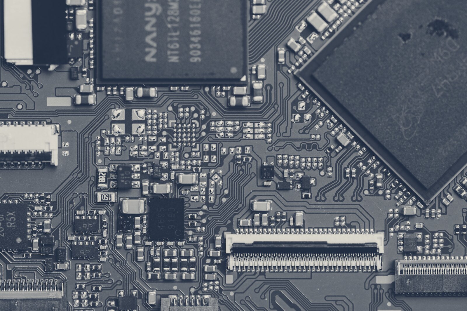 Close-up view of a green circuit board with components